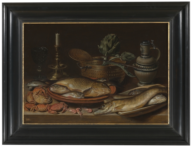 Bodegón con pescado, vela, alcachofas, cangrejos y gambas
