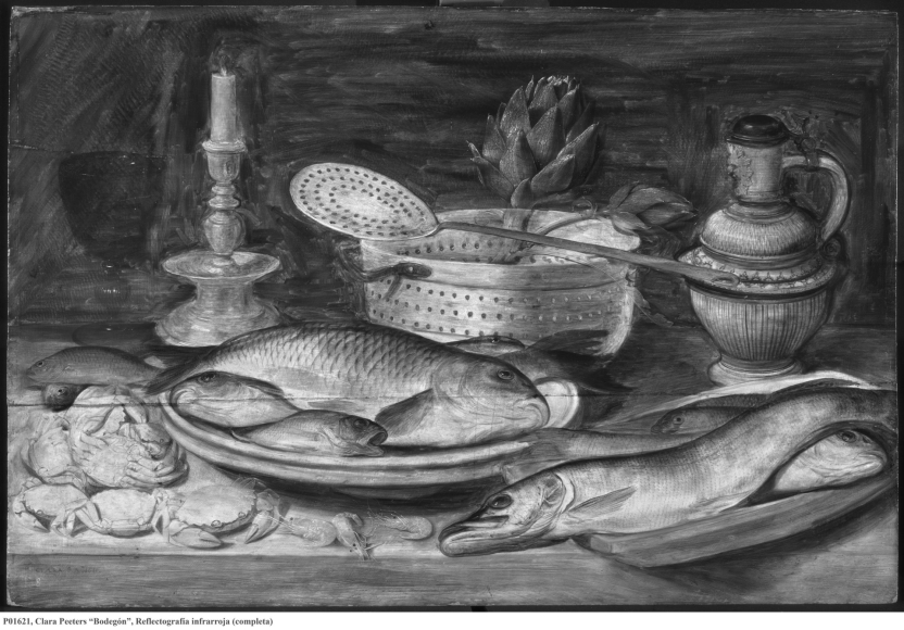 Bodegón con pescado, vela, alcachofas, cangrejos y gambas