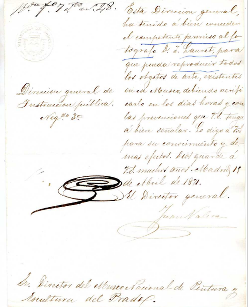 Imagen de la concesión del permiso a J. Laurent para fotografiar los objetos de arte del Museo Nacional de Pintura y Escultura