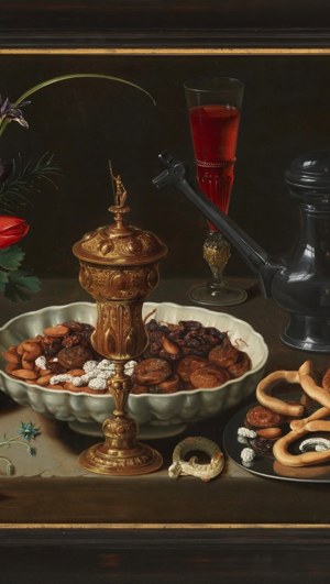 La pincelada de Clara Peeters en "Bodegón con flores, copa de plata dorada, almendras, frutos secos, dulces, panecillos, vino y jarra de peltre" (1611)