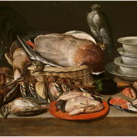Bodegón con gavilán, aves, porcelana y conchas. Clara Peeters